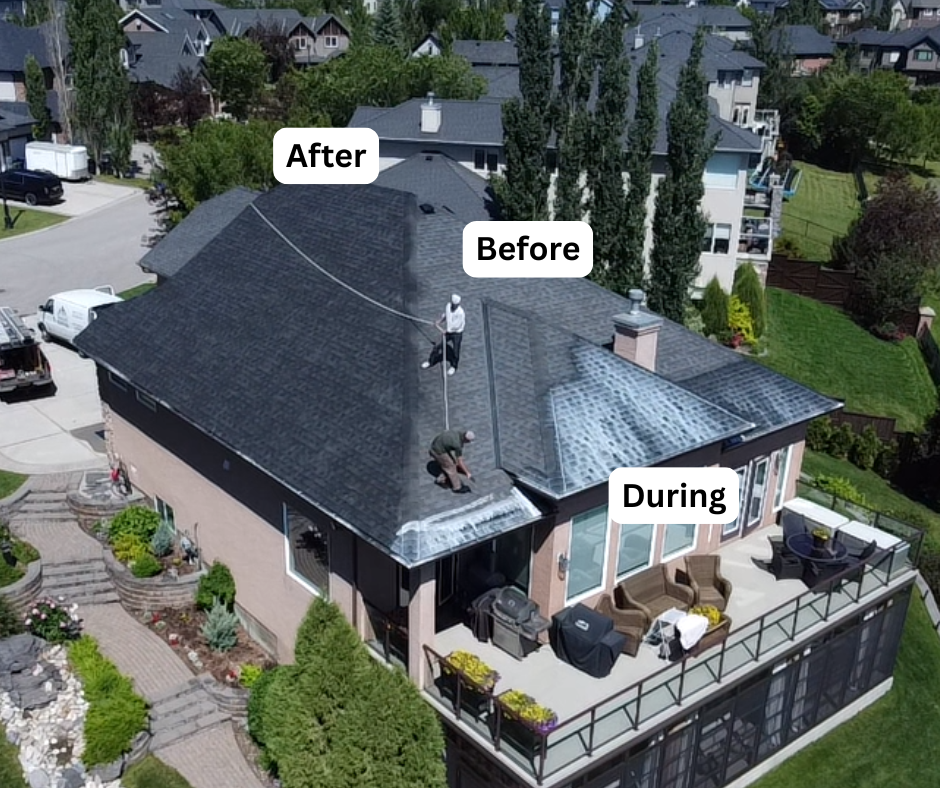 Supplied aerial roof image labeled before, during, and after treatment